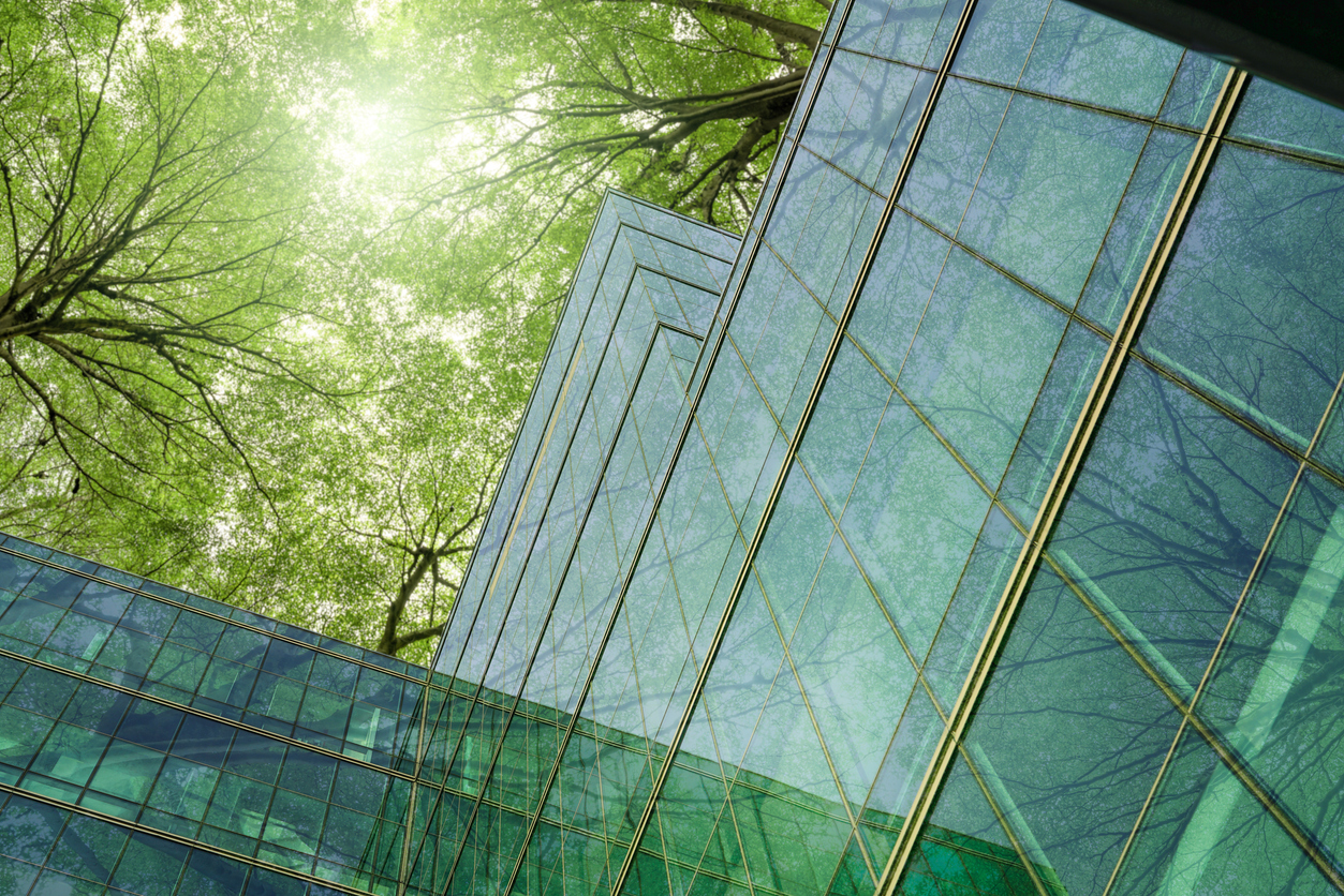 Glass office building and trees