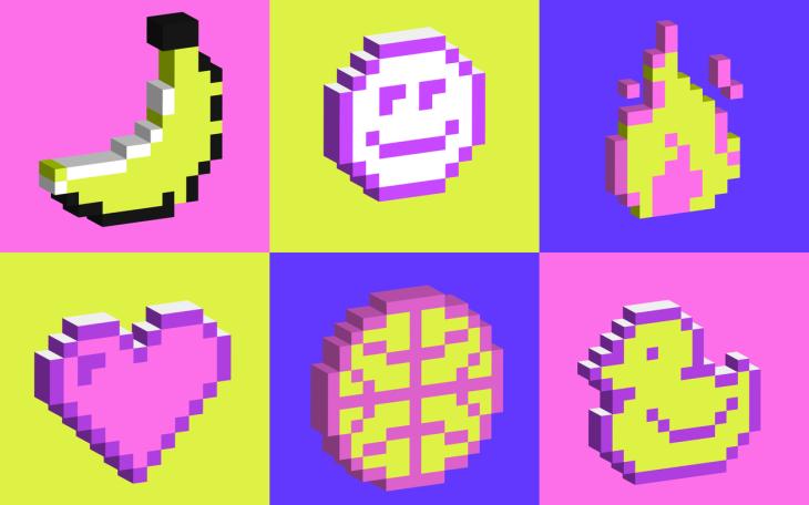 AI retro pixelated banana smiley face duck heart basketball