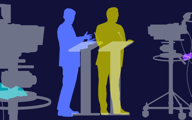 two coloured silhouettes of orators at podiums in from of cameras