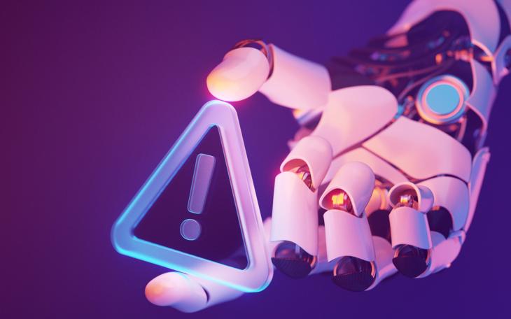 robot hand holds warning sign 