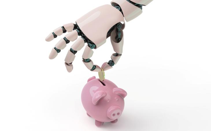 robot putting coin into a pink piggy bank 