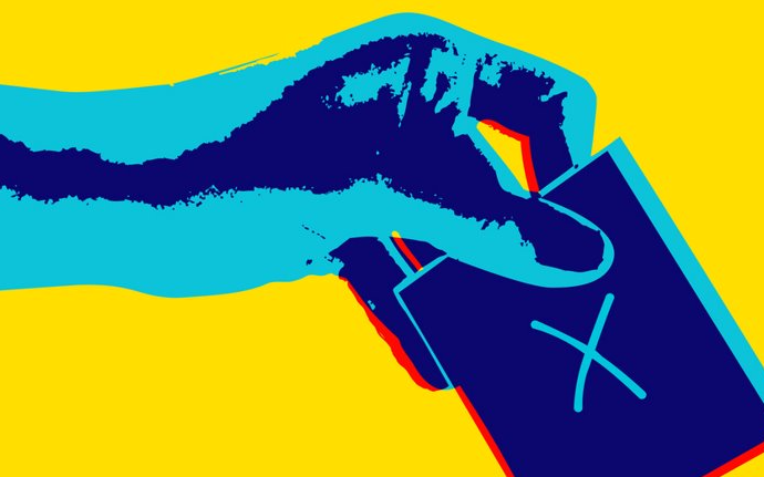 ballot card and hand  pop art style yellow background blue hand