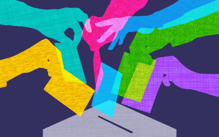 graphic showing colourful hands placing ballot into box