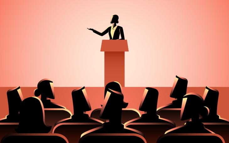 cartoon female politician giving speech