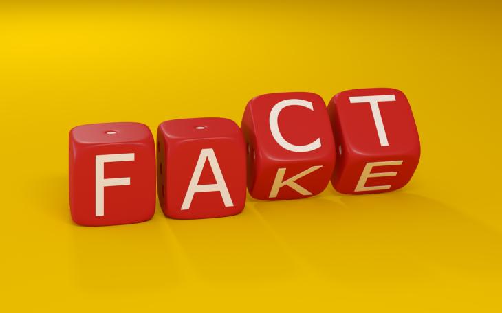 fact / fake red dice with white writing and yellow background