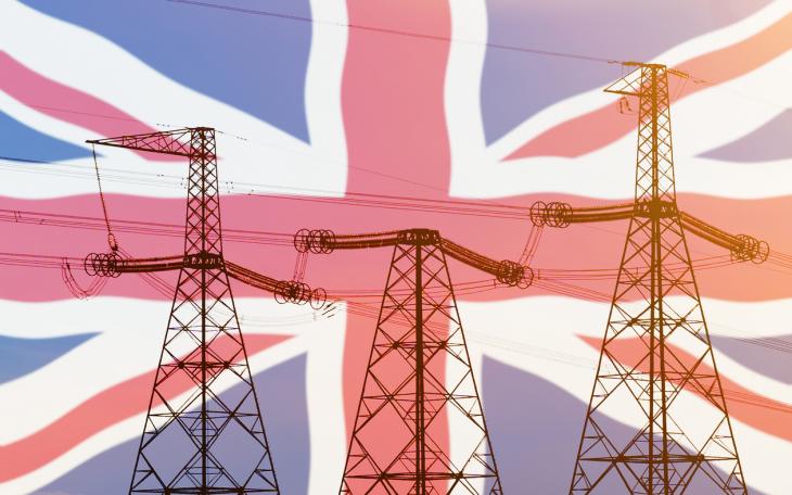 power lines with union jack flag backdrop