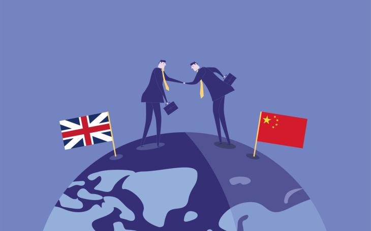 cartoon of uk businessmen and chinese businessmen shaking hands