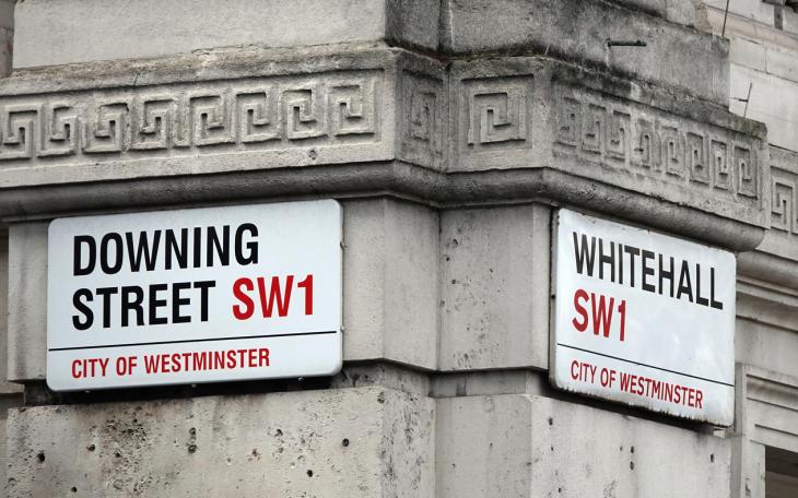 Downing Street and Whitehall street signs UK politics