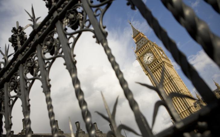Big Ben UK Parliament viewed through iron gates