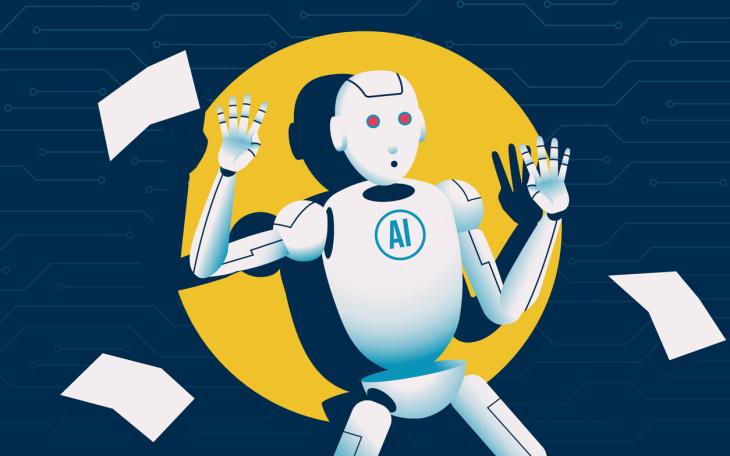 AI robot caught against flashlight