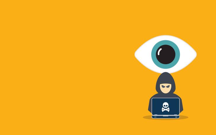 Cyber attack yellow background cartoon with hacker