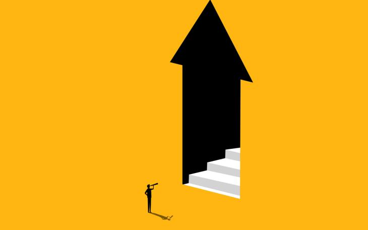 Arrow upwards stairs person yellow background