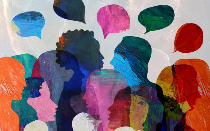 painting of silhouettes  and speech bubbles 