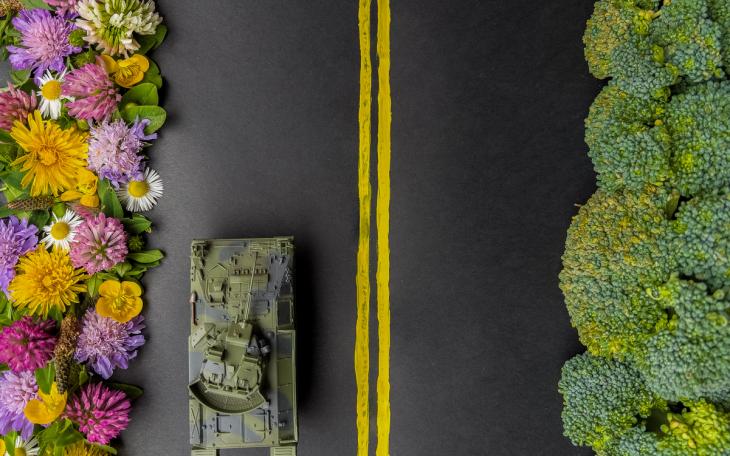 abstract cartoon of tank on road with greenery