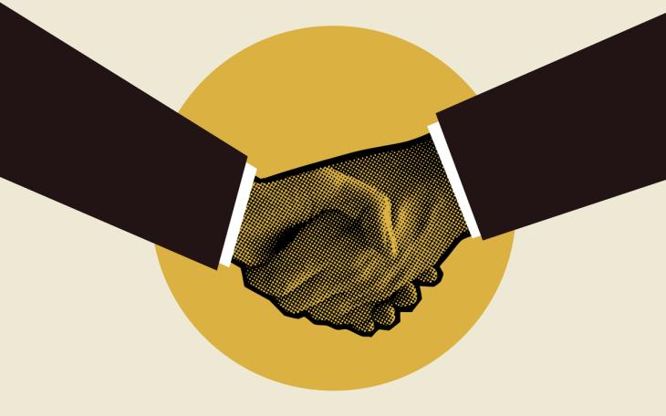Graphic of shaking hands on yellow background