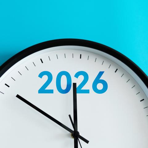 a clock showing the year 2026