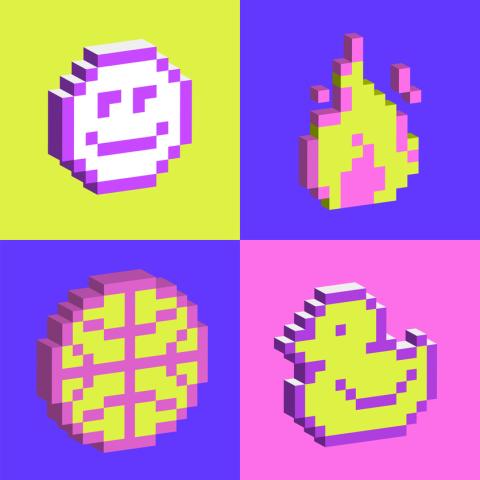 AI retro pixelated banana smiley face duck heart basketball
