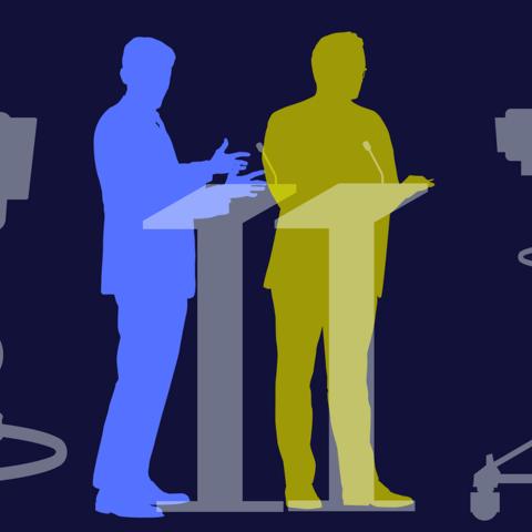 two coloured silhouettes of orators at podiums in from of cameras