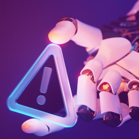 robot hand holds warning sign 