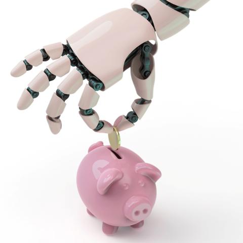 robot putting coin into a pink piggy bank 