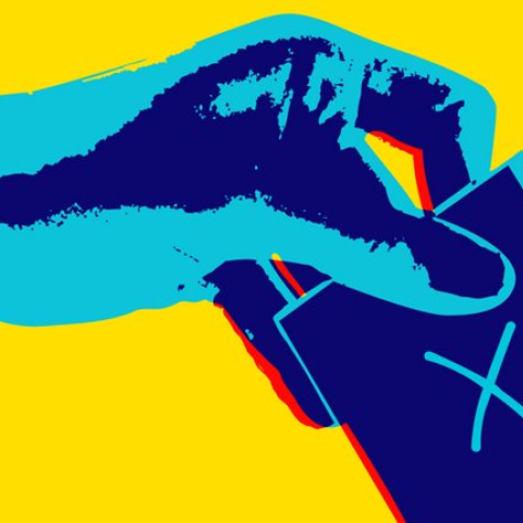 ballot card and hand  pop art style yellow background blue hand