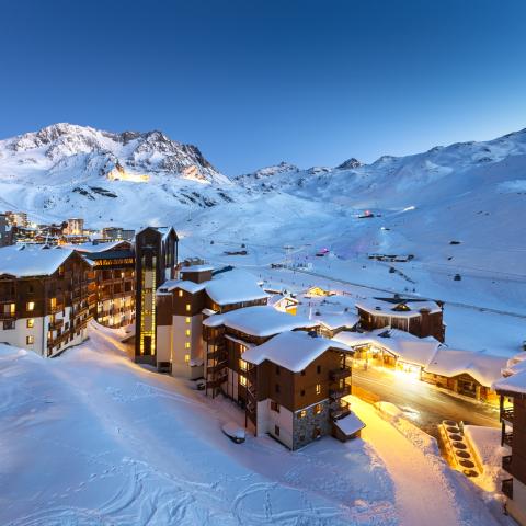Ski Chalets at night in the snow