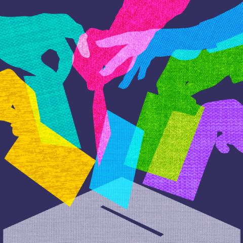 graphic showing colourful hands placing ballot into box