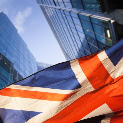 UK flag in financial district