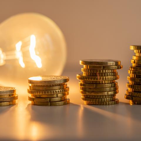 lightbulb next to coins