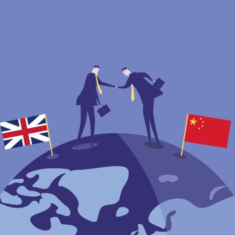 cartoon of uk businessmen and chinese businessmen shaking hands