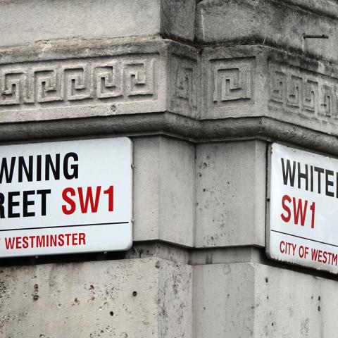 Downing Street and Whitehall street signs UK politics