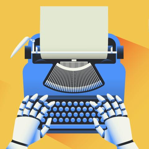 AI robot typing on a typewriter