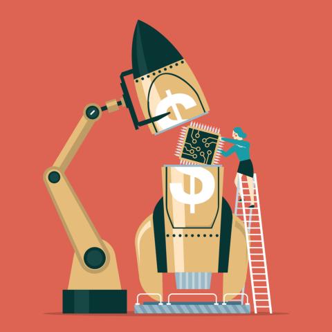 cartoon of rocket ship and computer chip