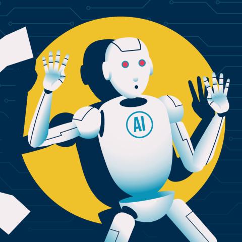 AI robot caught against flashlight