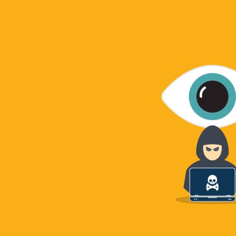 Cyber attack yellow background cartoon with hacker