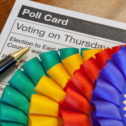 Poll Card with various rossetts in the foreground 