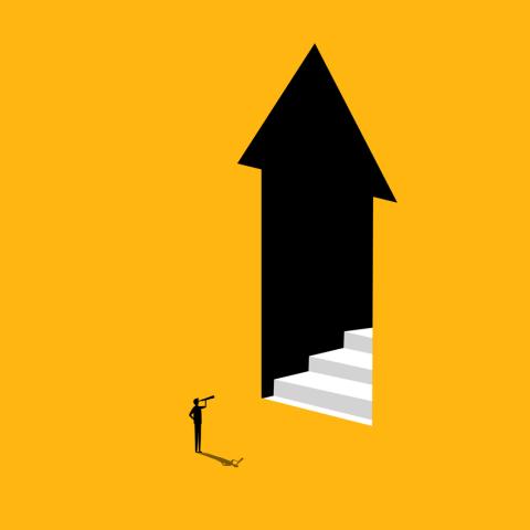 Arrow upwards stairs person yellow background
