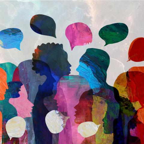 painting of silhouettes  and speech bubbles 