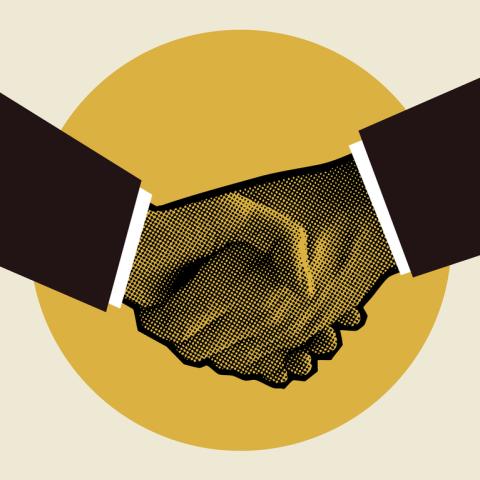 Graphic of shaking hands on yellow background